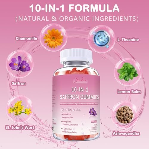 Safran-Gummis für Kinder & Erwachsene, Zuckerfrei, mit Ashwagandha, L-Theanin, Kamille, Johanniskraut, Zitronenmelisse, Vitamin D3 B6, Magnesium, Zink – für Schlaf, Stimmung, Konzentration & Sehkraft, 60 Stück