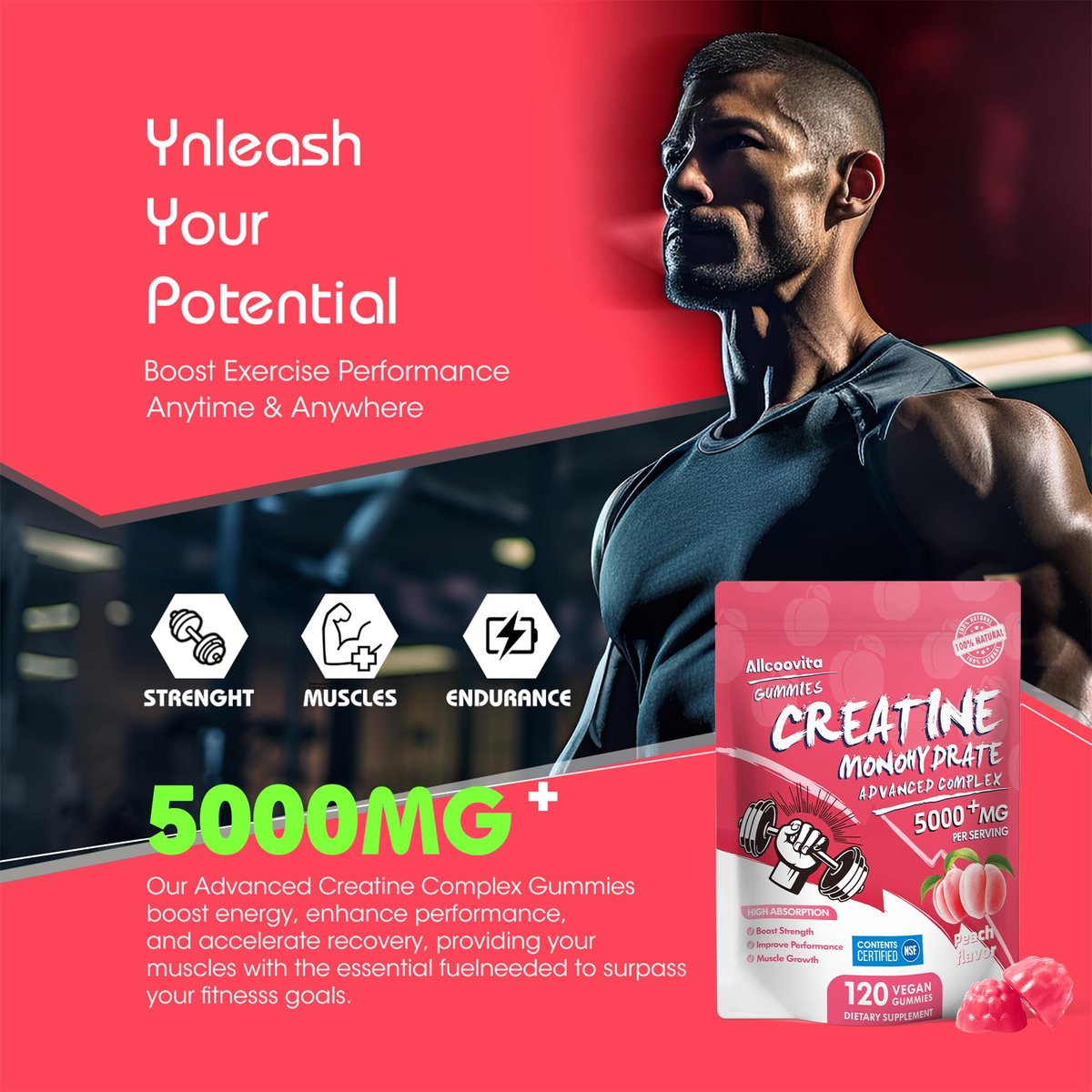 Allcoovita Creatin Monohydrat Gummis 5g für Männer & Frauen – Fokus, Kraft & Ausdauer, Anti-Schmelz-Formel, Vegan, Glutenfrei, Nicht-GVO, Pfirsich 120 Stück