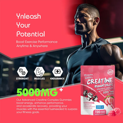 Allcoovita Creatin Monohydrat Gummis 5g für Männer & Frauen – Fokus, Kraft & Ausdauer, Anti-Schmelz-Formel, Vegan, Glutenfrei, Nicht-GVO, Pfirsich 120 Stück