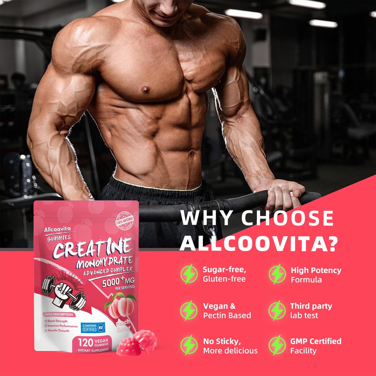 Allcoovita Creatin Monohydrat Gummis 5g für Männer & Frauen – Fokus, Kraft & Ausdauer, Anti-Schmelz-Formel, Vegan, Glutenfrei, Nicht-GVO, Pfirsich 120 Stück