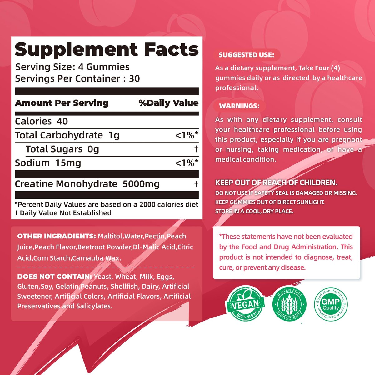 Allcoovita Creatin Monohydrat Gummis 5g für Männer & Frauen – Fokus, Kraft & Ausdauer, Anti-Schmelz-Formel, Vegan, Glutenfrei, Nicht-GVO, Pfirsich 120 Stück
