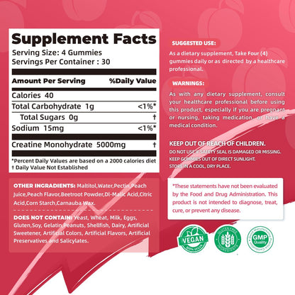 Allcoovita Creatin Monohydrat Gummis 5g für Männer & Frauen – Fokus, Kraft & Ausdauer, Anti-Schmelz-Formel, Vegan, Glutenfrei, Nicht-GVO, Pfirsich 120 Stück