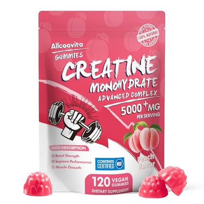 Allcoovita Creatin Monohydrat Gummis 5g für Männer & Frauen – Fokus, Kraft & Ausdauer, Anti-Schmelz-Formel, Vegan, Glutenfrei, Nicht-GVO, Pfirsich 120 Stück