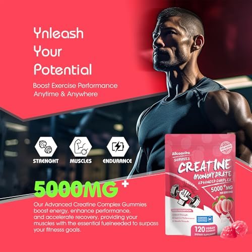 Allcoovita Creatin Monohydrat Gummis 5g für Männer & Frauen – Fokus, Kraft & Ausdauer, Anti-Schmelz-Formel, Vegan, Glutenfrei, Nicht-GVO, Pfirsich 120 Stück