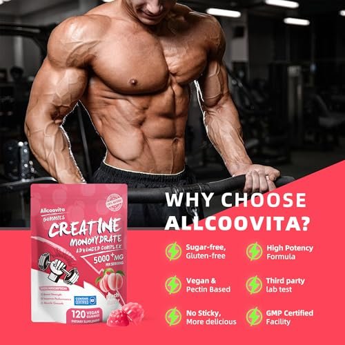 Allcoovita Creatin Monohydrat Gummis 5g für Männer & Frauen – Fokus, Kraft & Ausdauer, Anti-Schmelz-Formel, Vegan, Glutenfrei, Nicht-GVO, Pfirsich 120 Stück