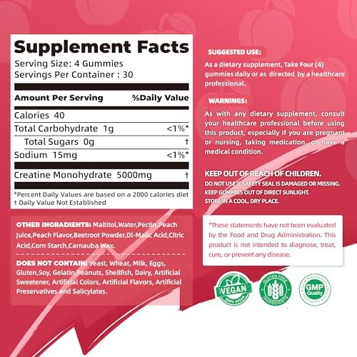 Allcoovita Creatin Monohydrat Gummis 5g für Männer & Frauen – Fokus, Kraft & Ausdauer, Anti-Schmelz-Formel, Vegan, Glutenfrei, Nicht-GVO, Pfirsich 120 Stück