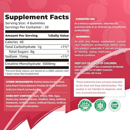 Allcoovita Creatin Monohydrat Gummis 5g für Männer & Frauen – Fokus, Kraft & Ausdauer, Anti-Schmelz-Formel, Vegan, Glutenfrei, Nicht-GVO, Pfirsich 120 Stück
