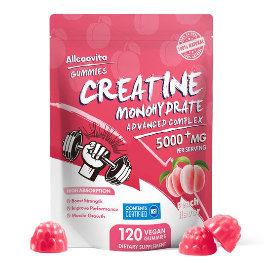 Allcoovita Creatin Monohydrat Gummis 5g für Männer & Frauen – Fokus, Kraft & Ausdauer, Anti-Schmelz-Formel, Vegan, Glutenfrei, Nicht-GVO, Pfirsich 120 Stück