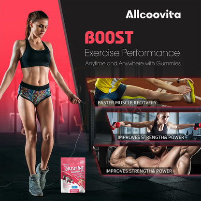 Allcoovita Creatin Monohydrat Gummis 5g für Männer & Frauen – Fokus, Kraft & Ausdauer, Anti-Schmelz-Formel, Vegan, Glutenfrei, Nicht-GVO, Pfirsich 120 Stück