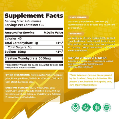 NSF-zertifizierte Creatine Gummibärchen – Creatin Monohydrat Gummies 5000 mg für Männer & Frauen – 120 Gummies, fortschrittliche Formel, Muskelkraft, Muskelaufbau, Energie-Boost, Pre-Workout-Ergänzung – Ananas