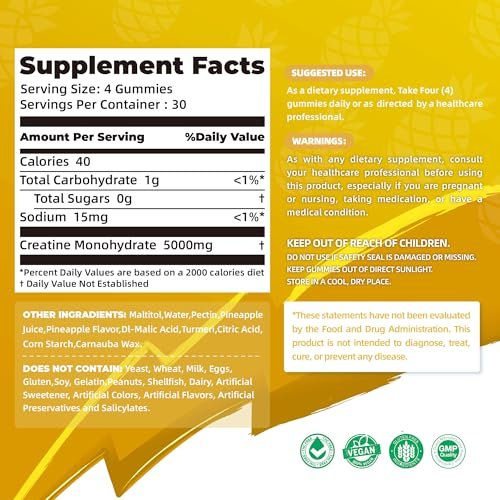 NSF-zertifizierte Creatine Gummibärchen – Creatin Monohydrat Gummies 5000 mg für Männer & Frauen – 120 Gummies, fortschrittliche Formel, Muskelkraft, Muskelaufbau, Energie-Boost, Pre-Workout-Ergänzung – Ananas
