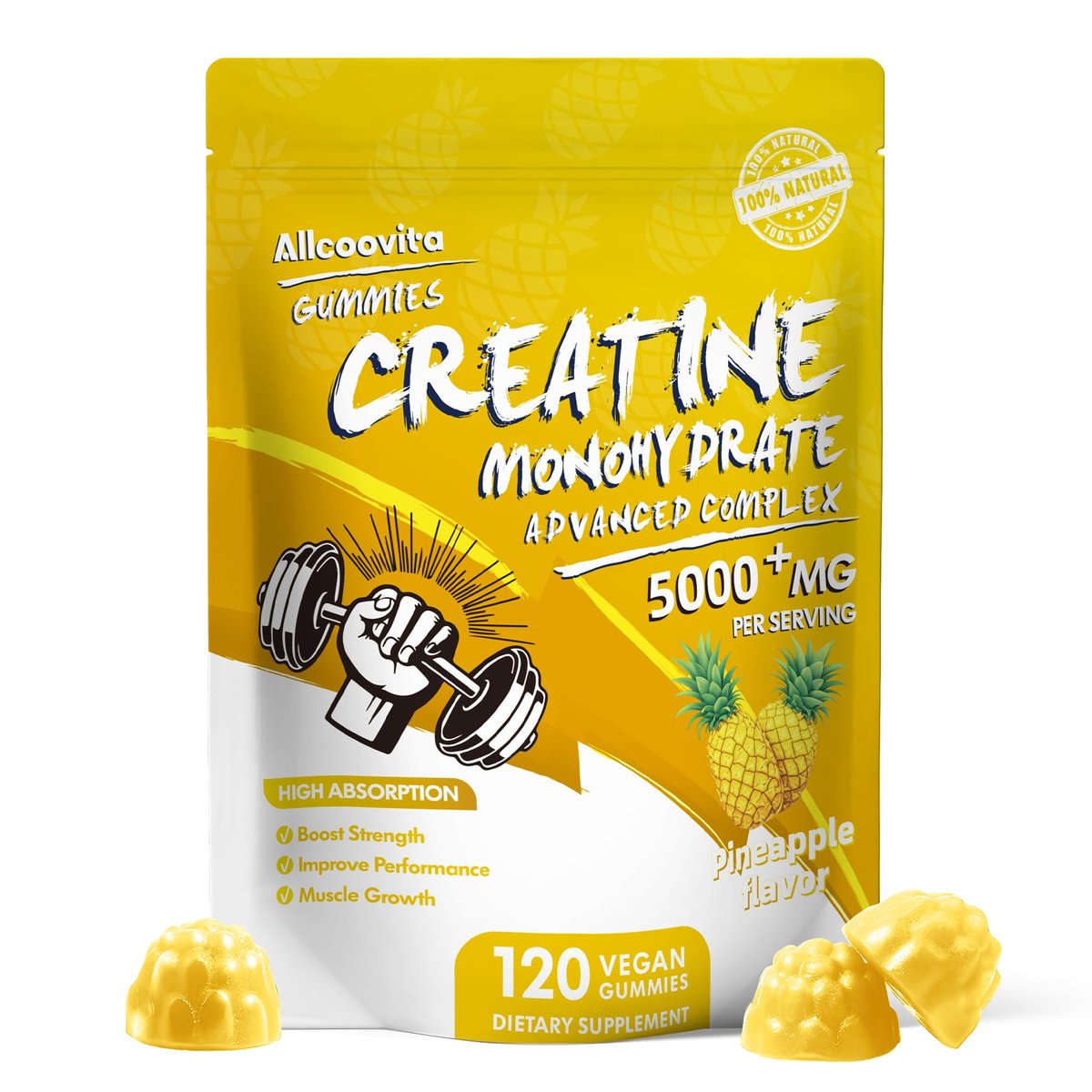NSF-zertifizierte Creatine Gummibärchen – Creatin Monohydrat Gummies 5000 mg für Männer & Frauen – 120 Gummies, fortschrittliche Formel, Muskelkraft, Muskelaufbau, Energie-Boost, Pre-Workout-Ergänzung – Ananas