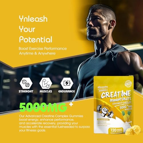 NSF-zertifizierte Creatine Gummibärchen – Creatin Monohydrat Gummies 5000 mg für Männer & Frauen – 120 Gummies, fortschrittliche Formel, Muskelkraft, Muskelaufbau, Energie-Boost, Pre-Workout-Ergänzung – Ananas