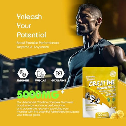 NSF-zertifizierte Creatine Gummibärchen – Creatin Monohydrat Gummies 5000 mg für Männer & Frauen – 120 Gummies, fortschrittliche Formel, Muskelkraft, Muskelaufbau, Energie-Boost, Pre-Workout-Ergänzung – Ananas