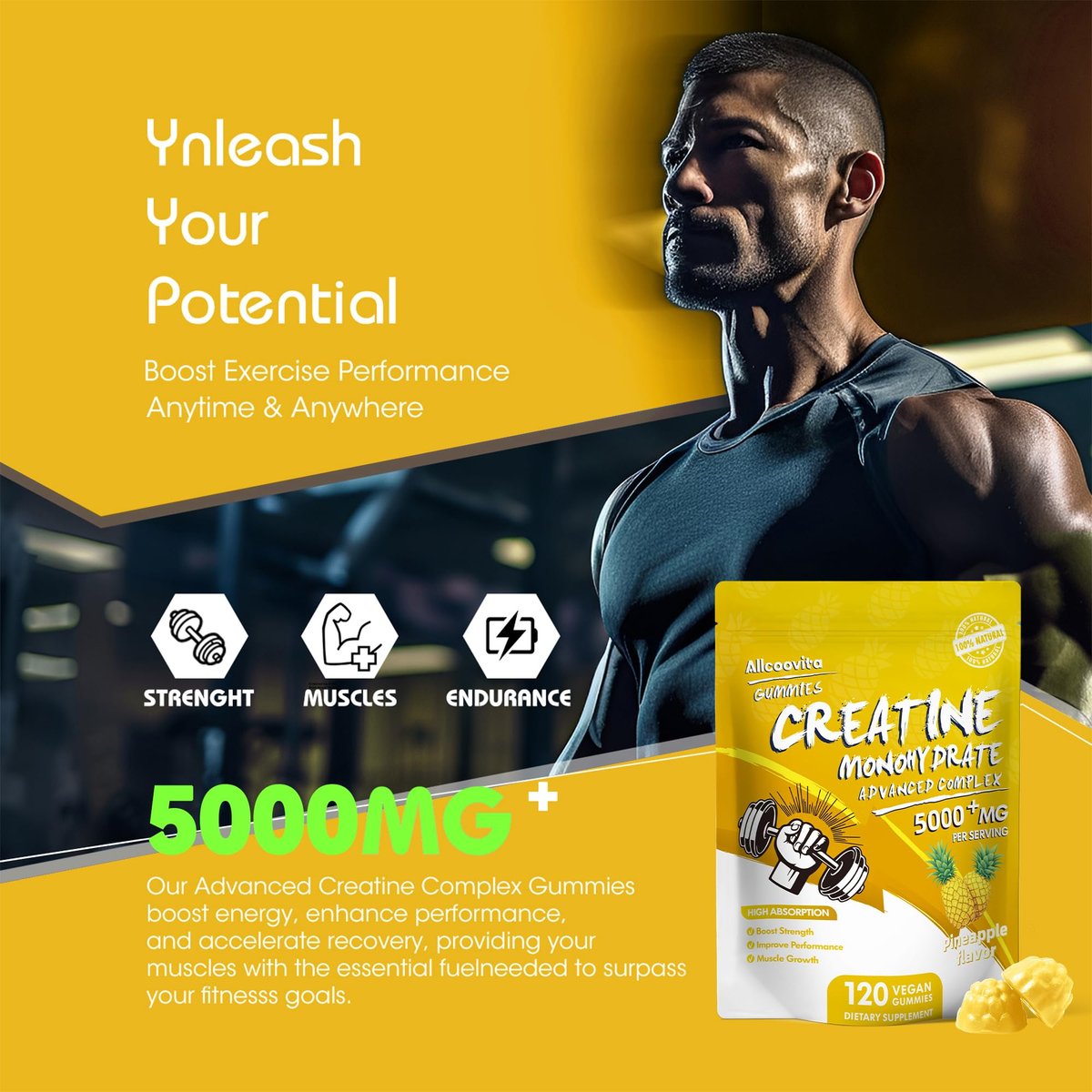 NSF-zertifizierte Creatine Gummibärchen – Creatin Monohydrat Gummies 5000 mg für Männer & Frauen – 120 Gummies, fortschrittliche Formel, Muskelkraft, Muskelaufbau, Energie-Boost, Pre-Workout-Ergänzung – Ananas
