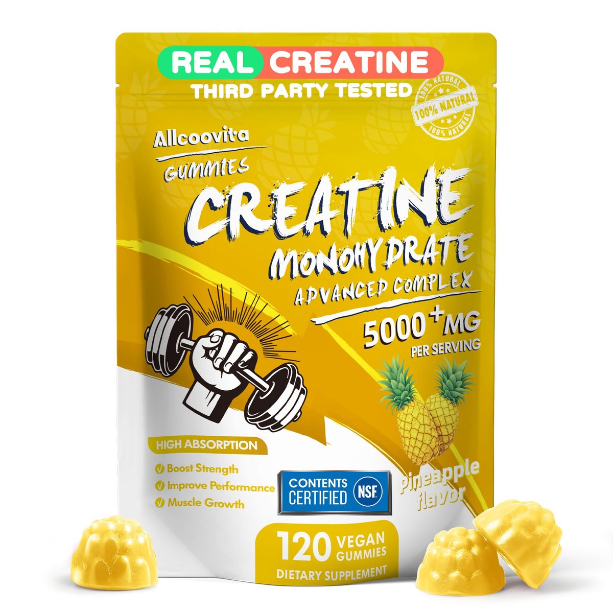 NSF-zertifizierte Creatine Gummibärchen – Creatin Monohydrat Gummies 5000 mg für Männer & Frauen – 120 Gummies, fortschrittliche Formel, Muskelkraft, Muskelaufbau, Energie-Boost, Pre-Workout-Ergänzung – Ananas