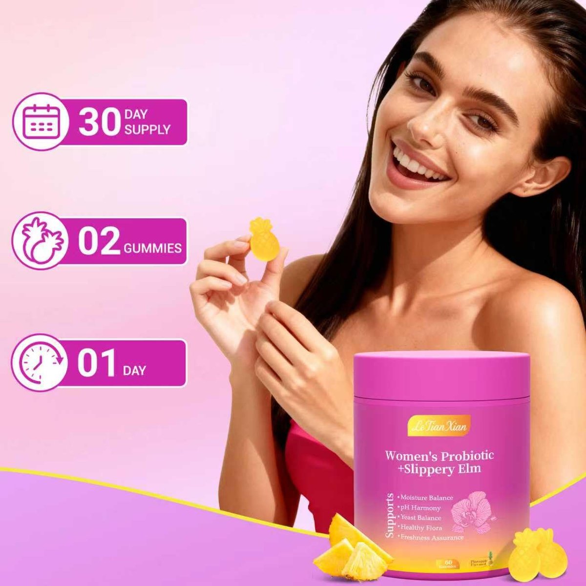 Le Tian Xian Her Juicy Probiotische Gummis für Frauen mit Ulmenrinde, Präbiotika & Lactobacillus – für pH-Balance & Verdauungsgesundheit, tropischer Ananasgeschmack, 60 Stück