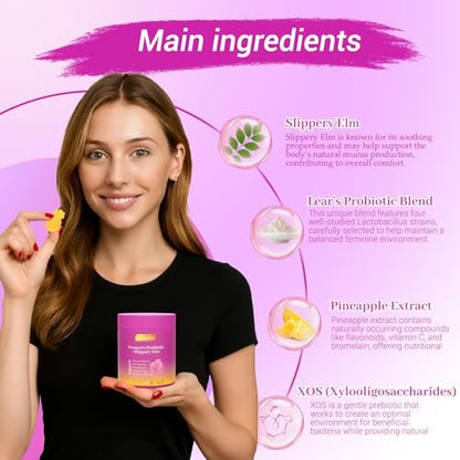 Le Tian Xian Her Juicy Probiotische Gummis für Frauen mit Ulmenrinde, Präbiotika & Lactobacillus – für pH-Balance & Verdauungsgesundheit, tropischer Ananasgeschmack, 60 Stück