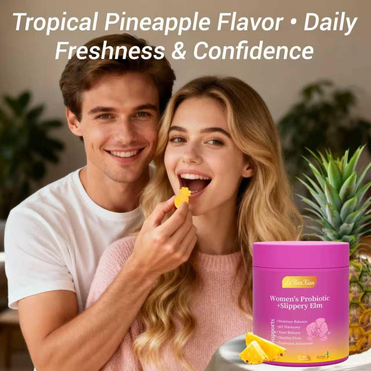 Le Tian Xian Her Juicy Probiotische Gummis für Frauen mit Ulmenrinde, Präbiotika & Lactobacillus – für pH-Balance & Verdauungsgesundheit, tropischer Ananasgeschmack, 60 Stück