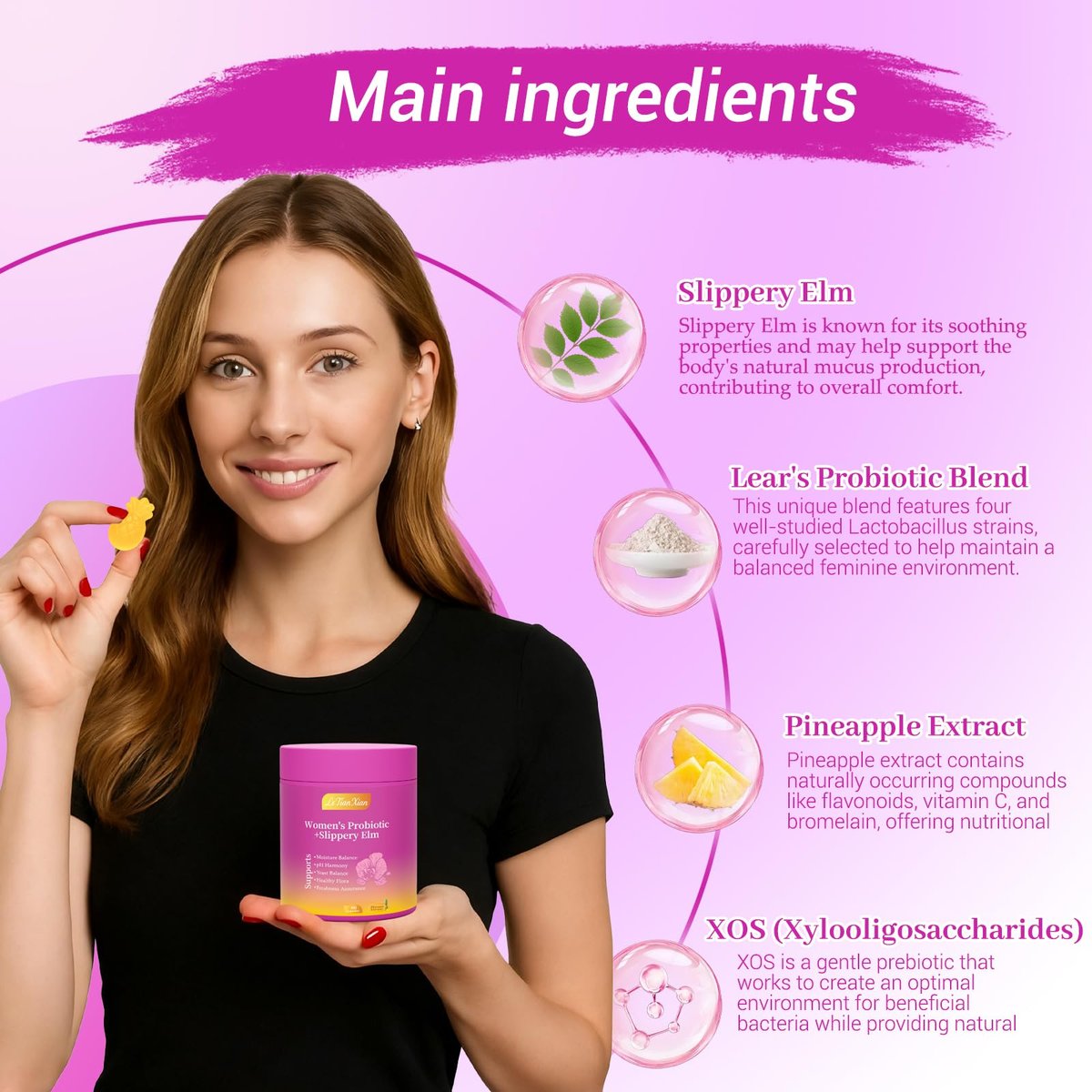 Le Tian Xian Her Juicy Probiotische Gummis für Frauen mit Ulmenrinde, Präbiotika & Lactobacillus – für pH-Balance & Verdauungsgesundheit, tropischer Ananasgeschmack, 60 Stück