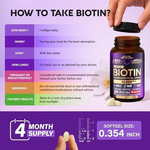 Biotin 10000 mcg mit Silizium – Hochdosiertes Biotin für Frauen, Haare, Haut & Nägel – Laborgeprüft – 120 Softgels, 120 Tage Vorrat