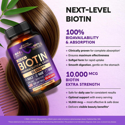 Biotin 10000 mcg mit Silizium – Hochdosiertes Biotin für Frauen, Haare, Haut & Nägel – Laborgeprüft – 120 Softgels, 120 Tage Vorrat