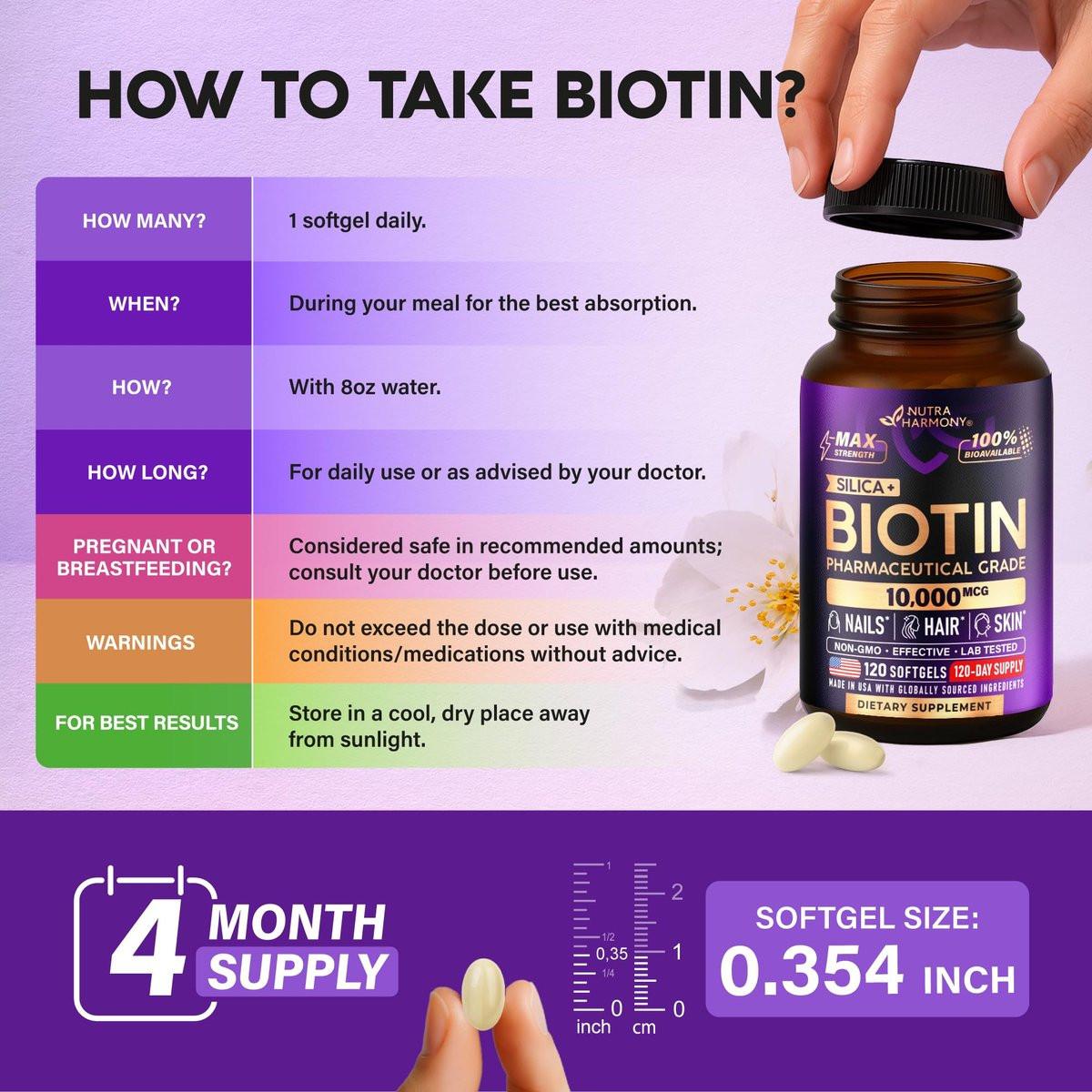 Biotin 10000 mcg mit Silizium – Hochdosiertes Biotin für Frauen, Haare, Haut & Nägel – Laborgeprüft – 120 Softgels, 120 Tage Vorrat