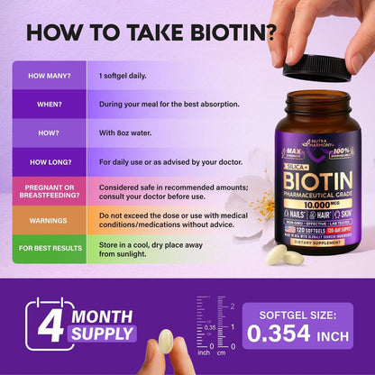 Biotin 10000 mcg mit Silizium – Hochdosiertes Biotin für Frauen, Haare, Haut & Nägel – Laborgeprüft – 120 Softgels, 120 Tage Vorrat
