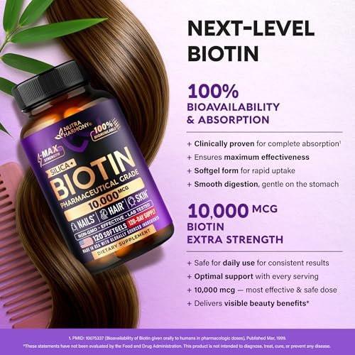 Biotin 10000 mcg mit Silizium – Hochdosiertes Biotin für Frauen, Haare, Haut & Nägel – Laborgeprüft – 120 Softgels, 120 Tage Vorrat