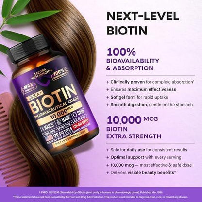 Biotin 10000 mcg mit Silizium – Hochdosiertes Biotin für Frauen, Haare, Haut & Nägel – Laborgeprüft – 120 Softgels, 120 Tage Vorrat