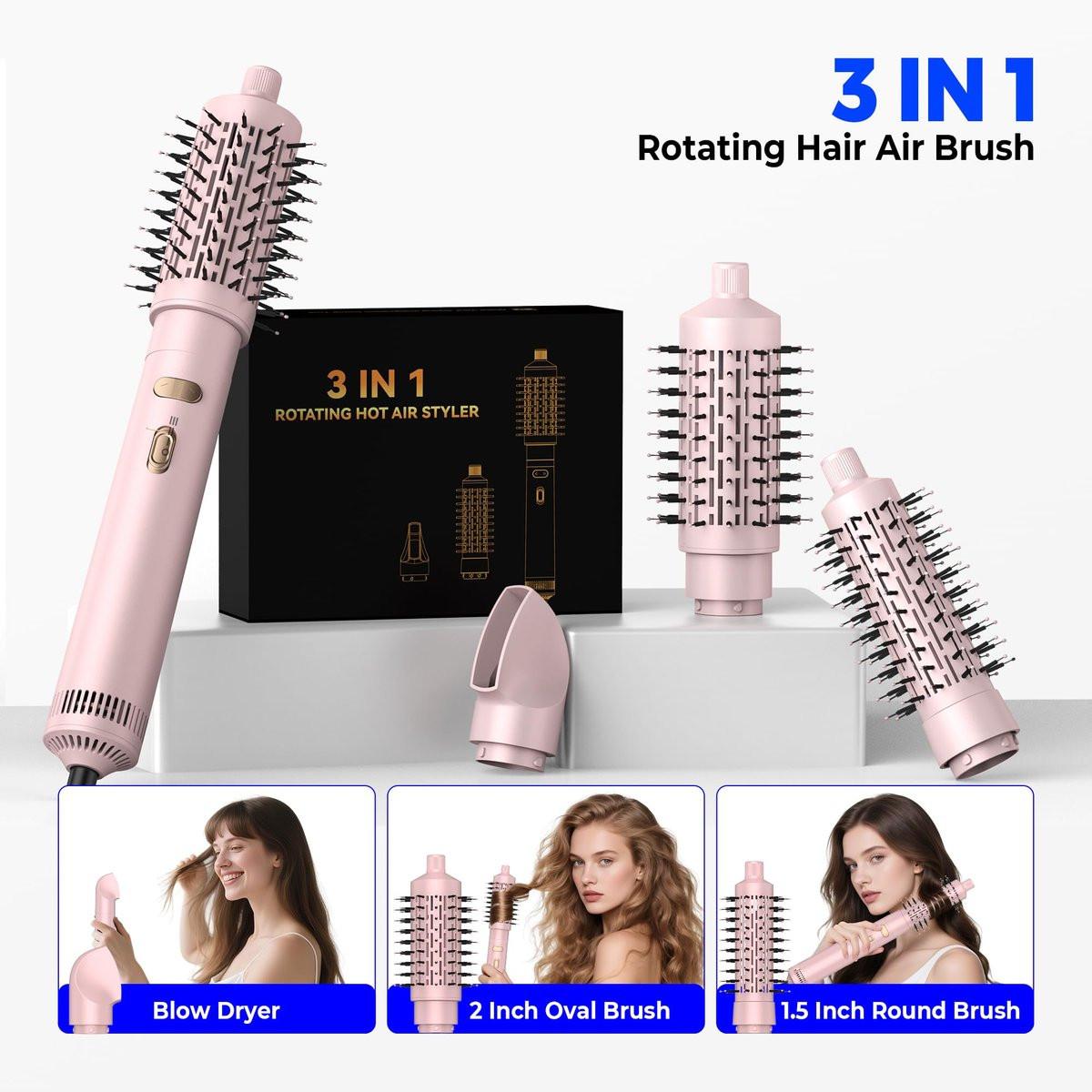 4-in-1 Rotierender Haarbürsten-Föhn mit abnehmbaren Bürsten (2" & 1,5"), Ionen-Technologie, 100-120V, 3 Heizstufen und 2 Geschwindigkeiten – Locken, Glätten, Trocknen