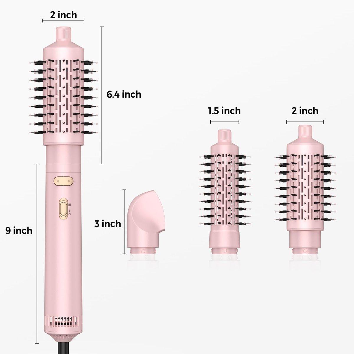 4-in-1 Rotierender Haarbürsten-Föhn mit abnehmbaren Bürsten (2" & 1,5"), Ionen-Technologie, 100-120V, 3 Heizstufen und 2 Geschwindigkeiten – Locken, Glätten, Trocknen