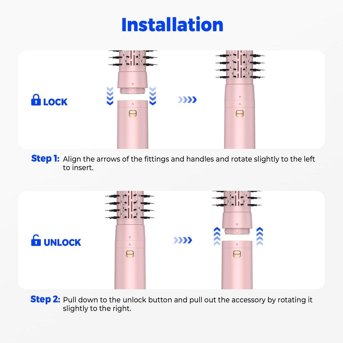 4-in-1 Rotierender Haarbürsten-Föhn mit abnehmbaren Bürsten (2" & 1,5"), Ionen-Technologie, 100-120V, 3 Heizstufen und 2 Geschwindigkeiten – Locken, Glätten, Trocknen