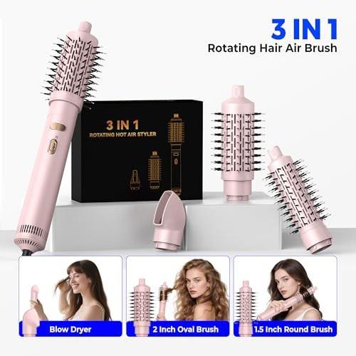 4-in-1 Rotierender Haarbürsten-Föhn mit abnehmbaren Bürsten (2" & 1,5"), Ionen-Technologie, 100-120V, 3 Heizstufen und 2 Geschwindigkeiten – Locken, Glätten, Trocknen