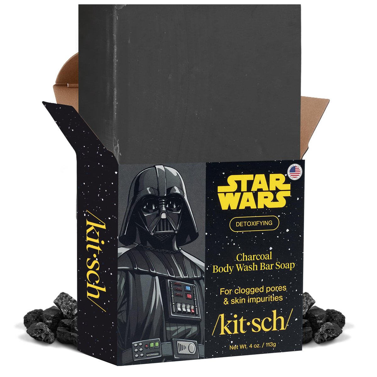 Kitsch Aktivkohle-Seife Darth Vader – Entgiftende Reinigungsbar mit Aktivkohle – Entfernt sanft überschüssiges Öl & Unreinheiten, reinigt Poren, strafft & spendet Feuchtigkeit – Hergestellt in den USA – 113 g