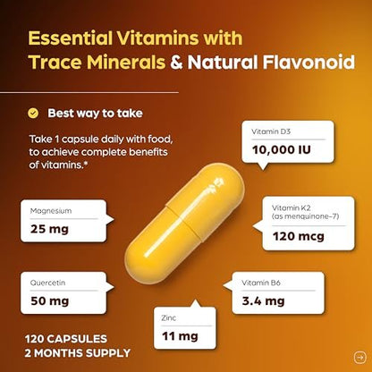 Sandhu's Vitamin D3 K2 Magnesium 10000 IE, 120 mcg K2 Kapseln 60 Stück (1 Packung) | mit Vitamin B6, Zink & Quercetin | D3K2 unterstützt optimale Aufnahme, Energie, Immunsystem, Muskelgesundheit für Männer & Frauen