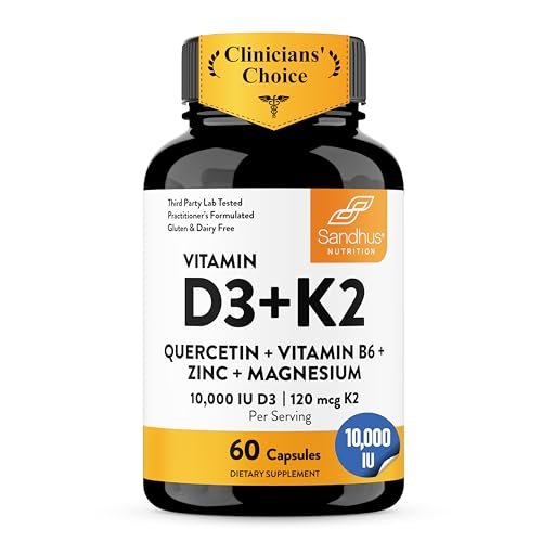 Sandhu's Vitamin D3 K2 Magnesium 10000 IE, 120 mcg K2 Kapseln 60 Stück (1 Packung) | mit Vitamin B6, Zink & Quercetin | D3K2 unterstützt optimale Aufnahme, Energie, Immunsystem, Muskelgesundheit für Männer & Frauen