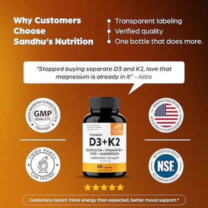 Sandhu's Vitamin D3 K2 Magnesium 10000 IE, 120 mcg K2 Kapseln 60 Stück (1 Packung) | mit Vitamin B6, Zink & Quercetin | D3K2 unterstützt optimale Aufnahme, Energie, Immunsystem, Muskelgesundheit für Männer & Frauen