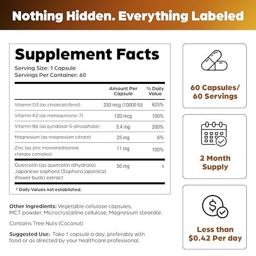 Sandhu's Vitamin D3 K2 Magnesium 10000 IE, 120 mcg K2 Kapseln 60 Stück (1 Packung) | mit Vitamin B6, Zink & Quercetin | D3K2 unterstützt optimale Aufnahme, Energie, Immunsystem, Muskelgesundheit für Männer & Frauen