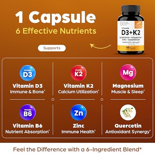 Sandhu's Vitamin D3 K2 Magnesium 10000 IE, 120 mcg K2 Kapseln 60 Stück (1 Packung) | mit Vitamin B6, Zink & Quercetin | D3K2 unterstützt optimale Aufnahme, Energie, Immunsystem, Muskelgesundheit für Männer & Frauen