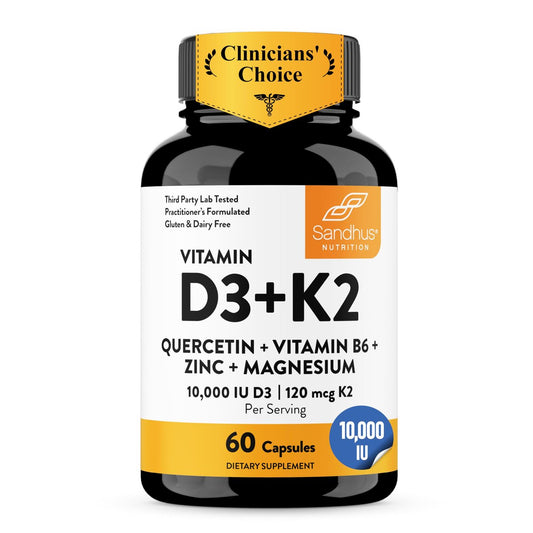 Sandhu's Vitamin D3 K2 Magnesium 10000 IE, 120 mcg K2 Kapseln 60 Stück (1 Packung) | mit Vitamin B6, Zink & Quercetin | D3K2 unterstützt optimale Aufnahme, Energie, Immunsystem, Muskelgesundheit für Männer & Frauen