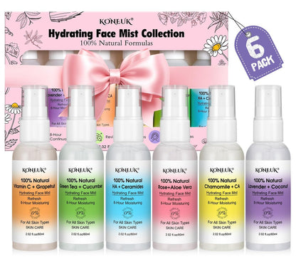 KONEUK Gesichtsspray-Set für langanhaltende Feuchtigkeit und strahlende Haut – Mini-Face-Mist-Geschenke für Frauen, 6er-Pack à 60 ml