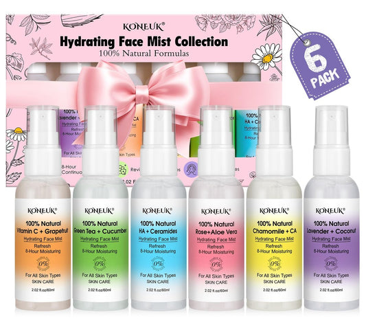 KONEUK Gesichtsspray-Set für langanhaltende Feuchtigkeit und strahlende Haut – Mini-Face-Mist-Geschenke für Frauen, 6er-Pack à 60 ml