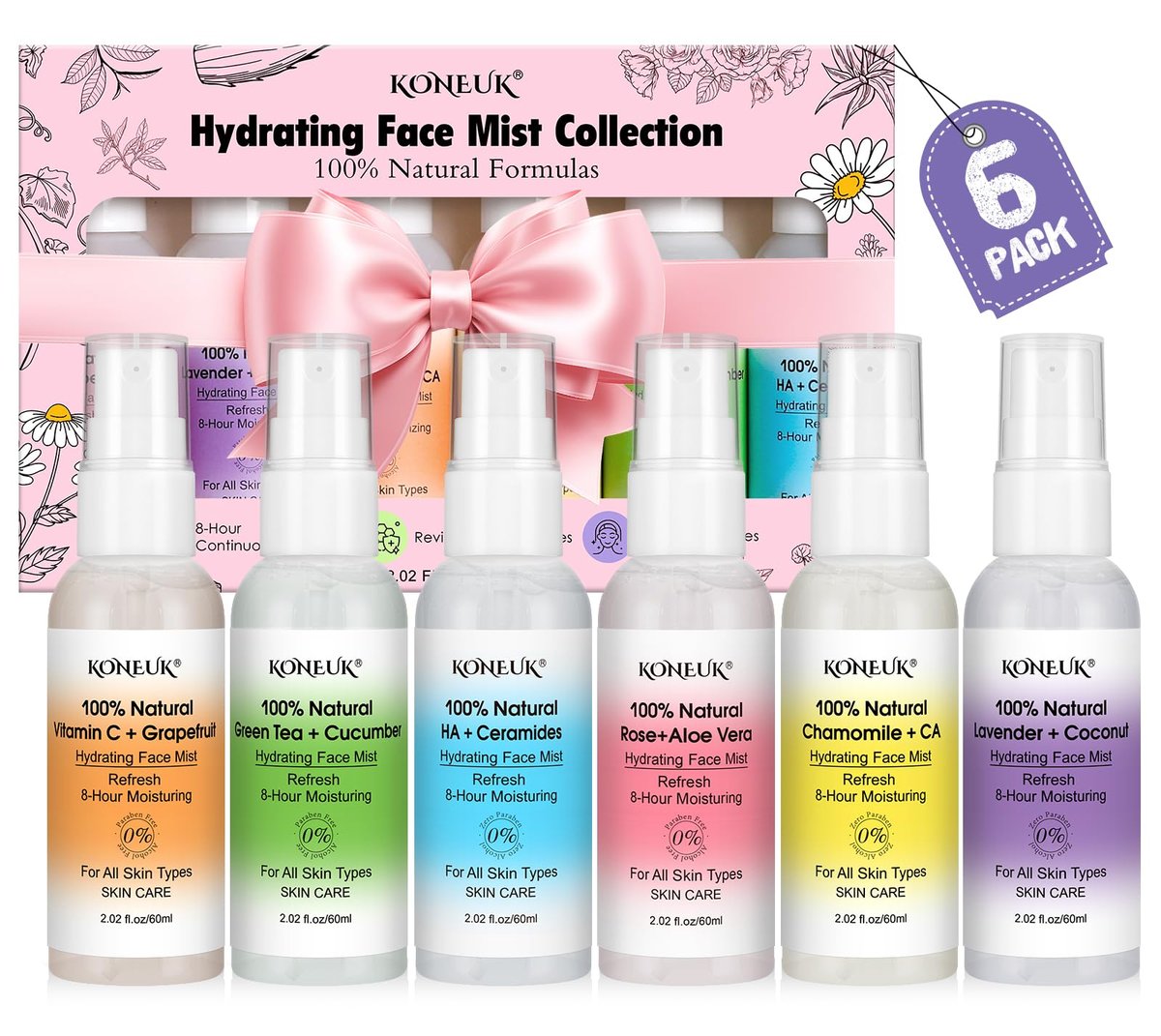 KONEUK Gesichtsspray-Set für langanhaltende Feuchtigkeit und strahlende Haut – Mini-Face-Mist-Geschenke für Frauen, 6er-Pack à 60 ml