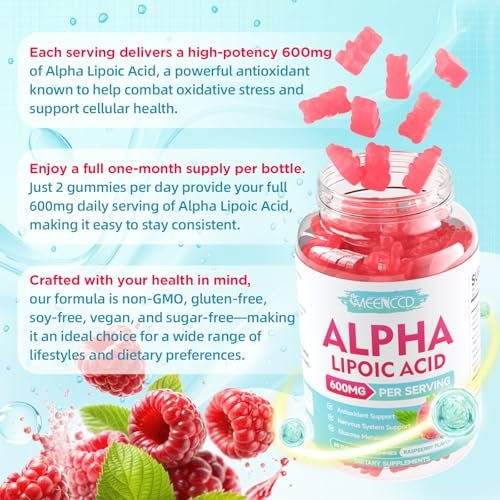 MEENCCD Alpha-Liponsäure Gummibärchen 600mg – ALA Nahrungsergänzungsmittel für antioxidative Unterstützung, Vegan, Zuckerfrei, Himbeergeschmack, 60 Stück