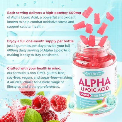 MEENCCD Alpha-Liponsäure Gummibärchen 600mg – ALA Nahrungsergänzungsmittel für antioxidative Unterstützung, Vegan, Zuckerfrei, Himbeergeschmack, 60 Stück