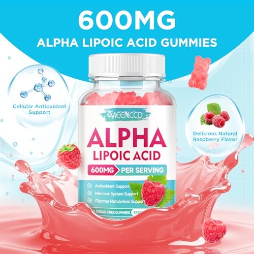 MEENCCD Alpha-Liponsäure Gummibärchen 600mg – ALA Nahrungsergänzungsmittel für antioxidative Unterstützung, Vegan, Zuckerfrei, Himbeergeschmack, 60 Stück