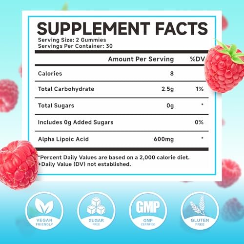 MEENCCD Alpha-Liponsäure Gummibärchen 600mg – ALA Nahrungsergänzungsmittel für antioxidative Unterstützung, Vegan, Zuckerfrei, Himbeergeschmack, 60 Stück