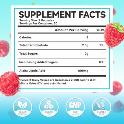 MEENCCD Alpha-Liponsäure Gummibärchen 600mg – ALA Nahrungsergänzungsmittel für antioxidative Unterstützung, Vegan, Zuckerfrei, Himbeergeschmack, 60 Stück