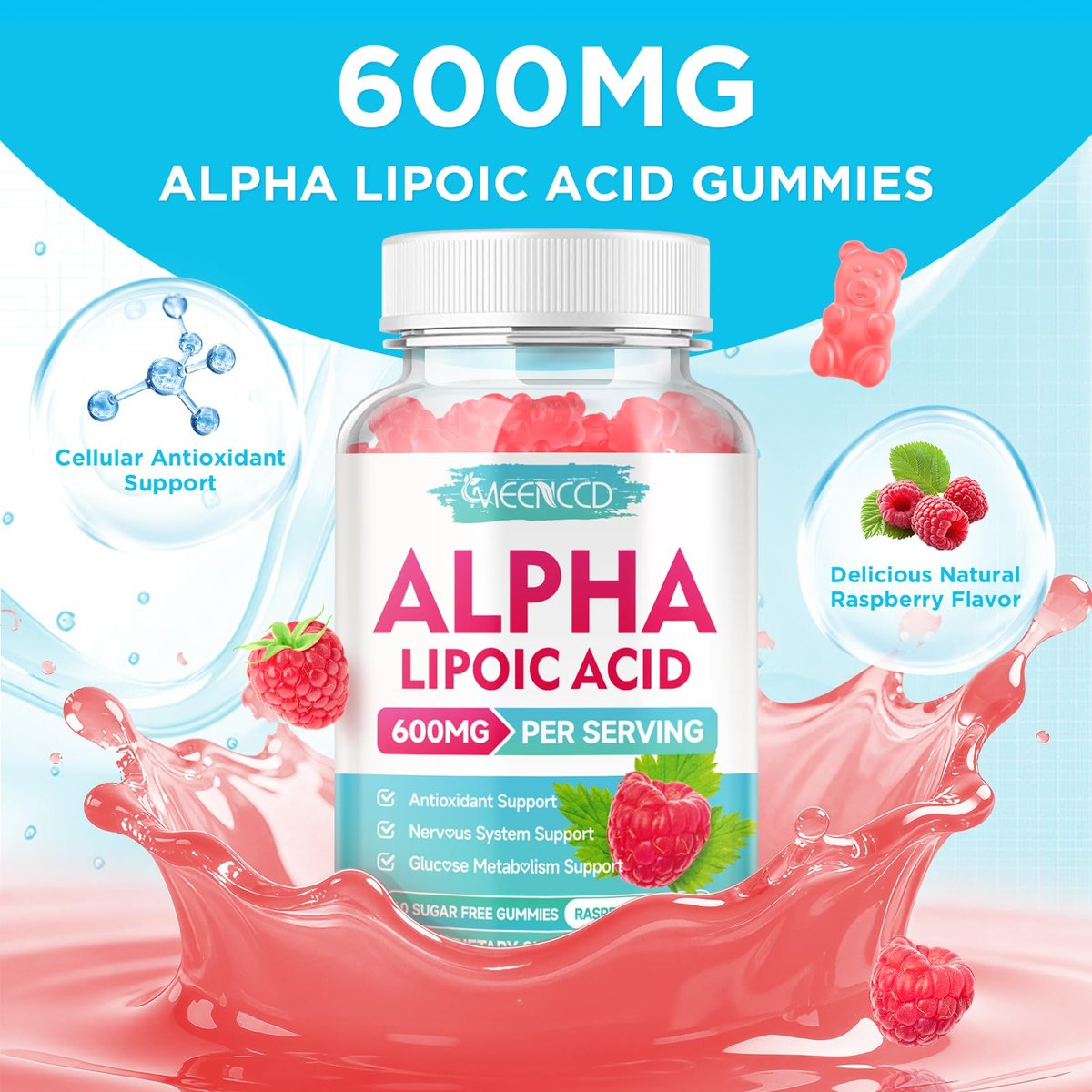 MEENCCD Alpha-Liponsäure Gummibärchen 600mg – ALA Nahrungsergänzungsmittel für antioxidative Unterstützung, Vegan, Zuckerfrei, Himbeergeschmack, 60 Stück